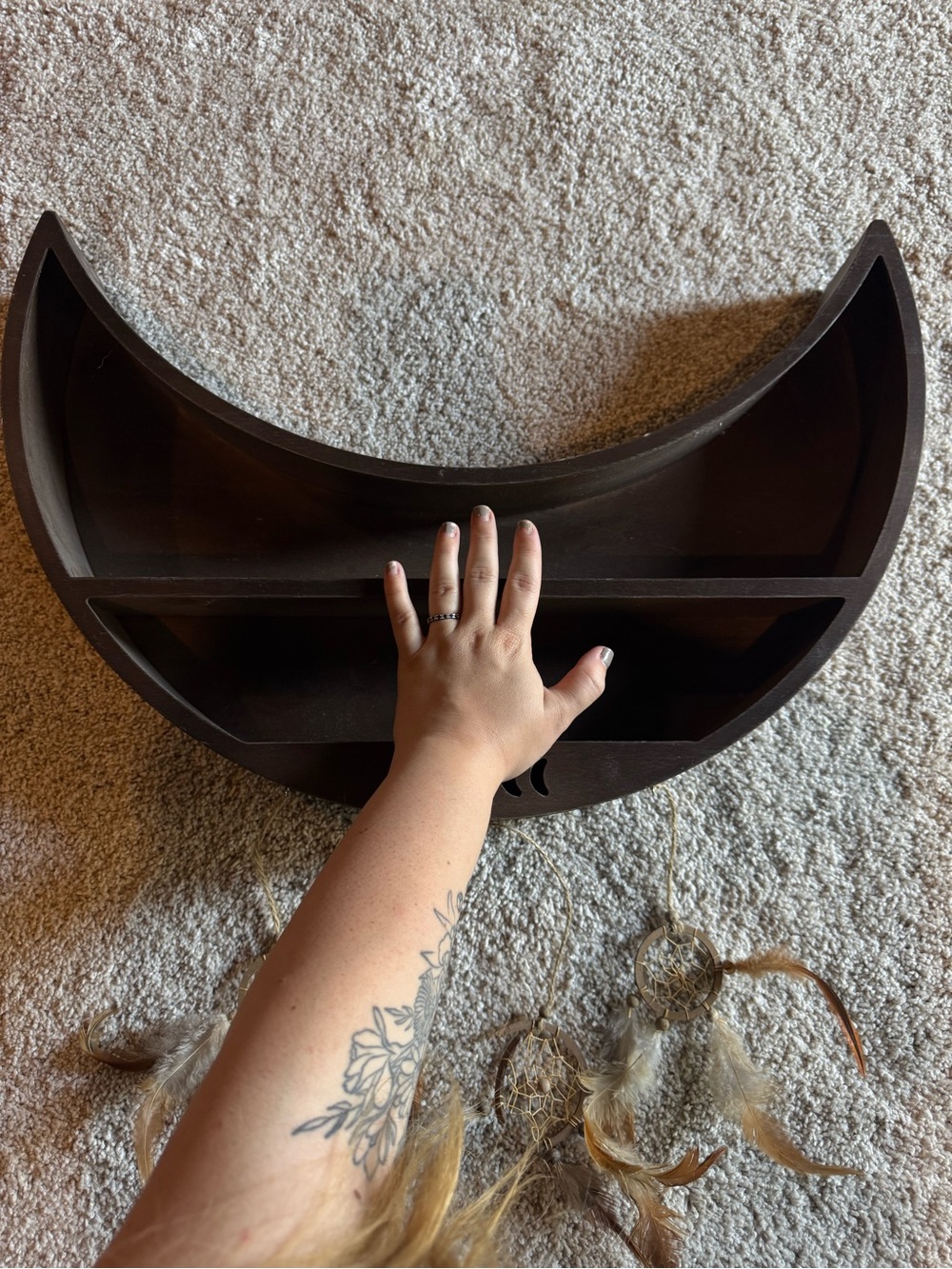 HUGE Wooden Crescent Moon Trinket Shelf Wall Decor in Dark Brown - Picture 9 of 15